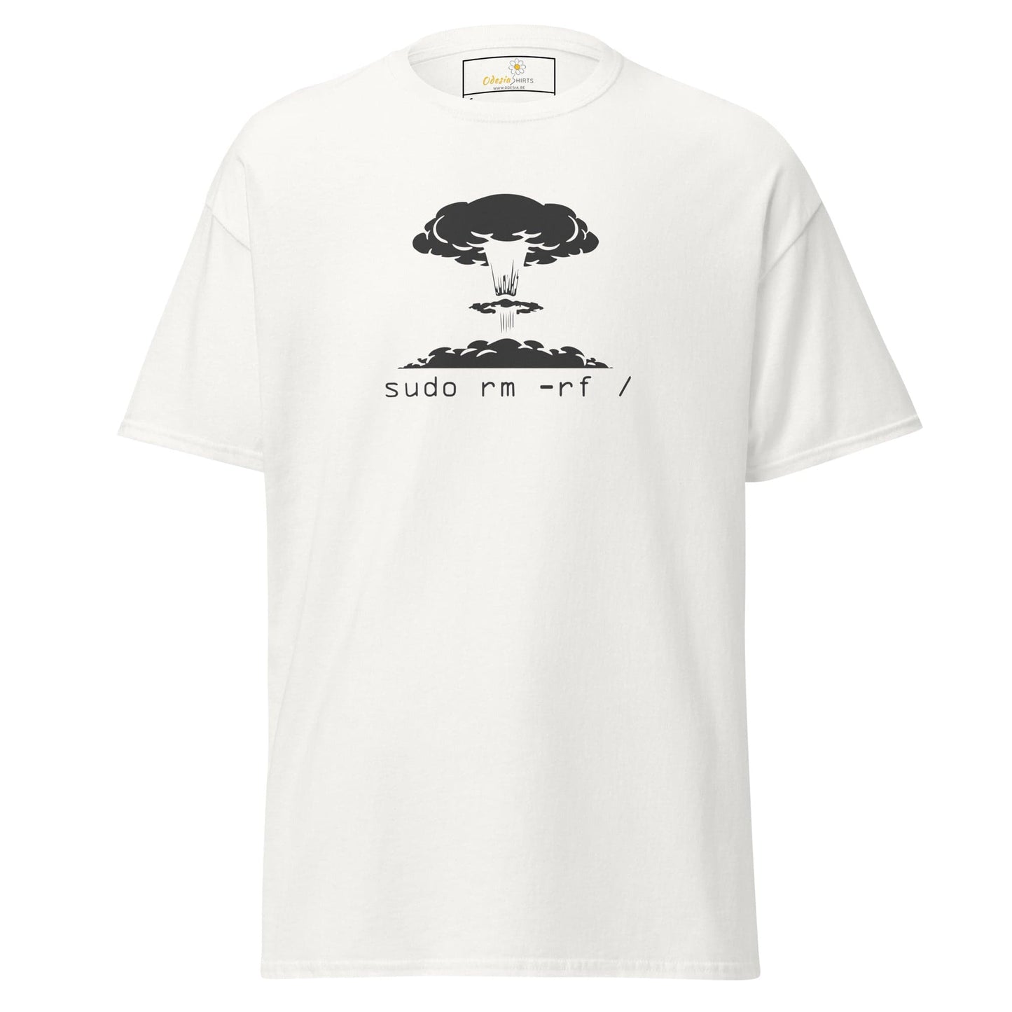 White T-shirt with nuclear explosion graphic, perfect for men and women sizes S to XL