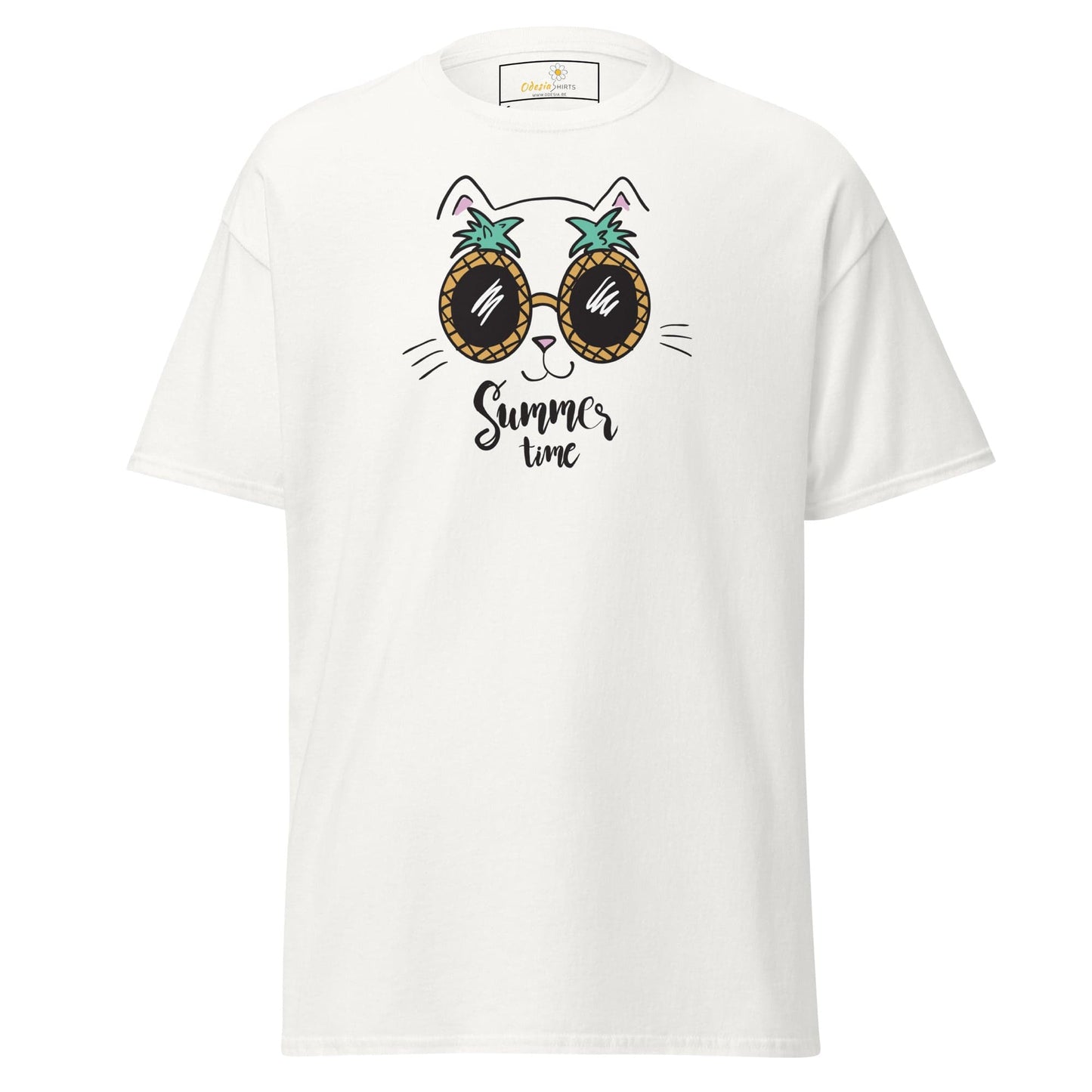White T-shirt featuring a cat wearing pineapple sunglasses for Men and Women