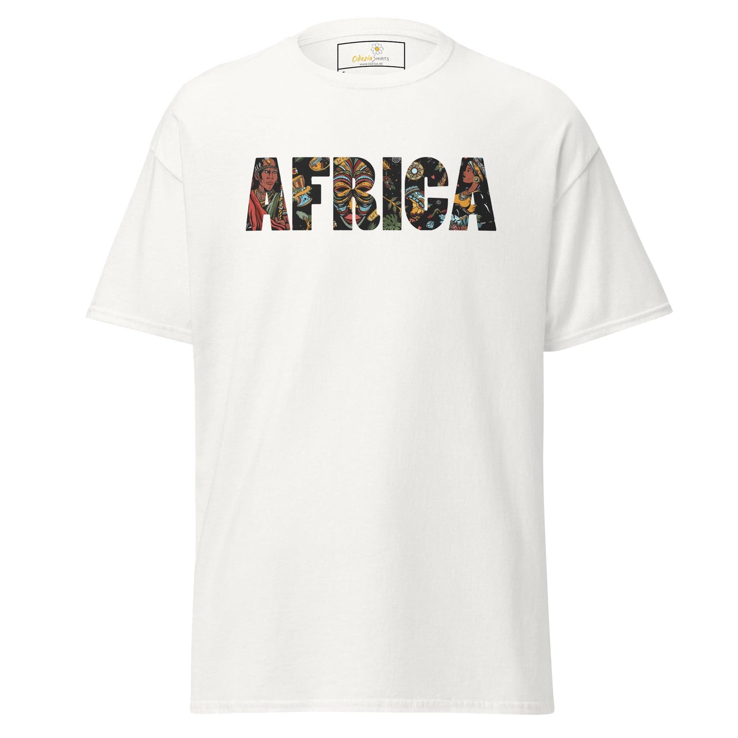 White T-shirt with AFRICA graphic, suitable for men and women, available in sizes S to XL