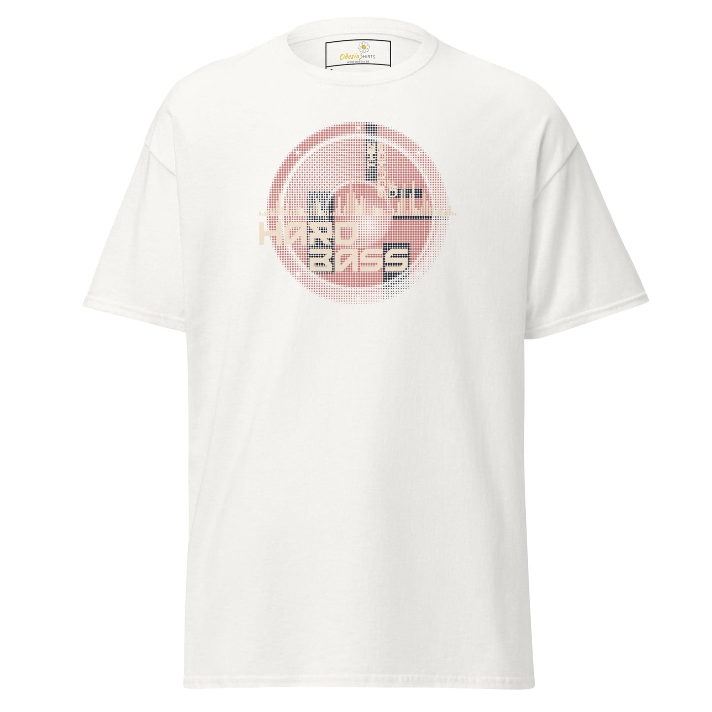 White graphic T-shirt for men and women in size S to XL displayed on a product page