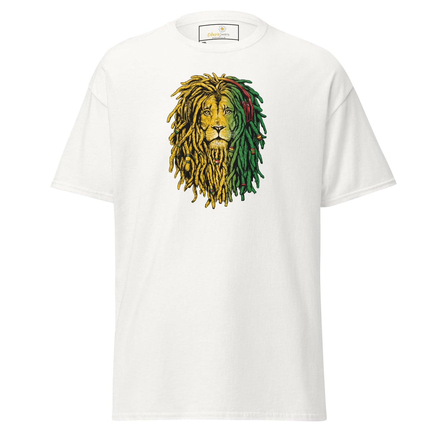 White t-shirt with lion graphic.