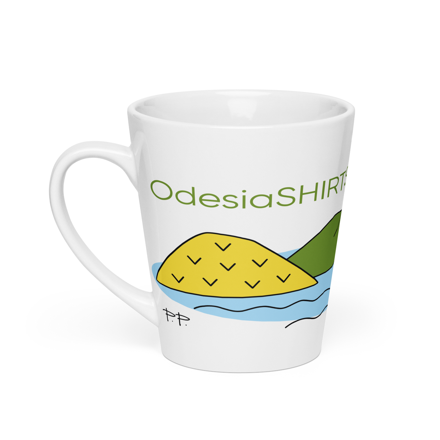 White mug with island design.