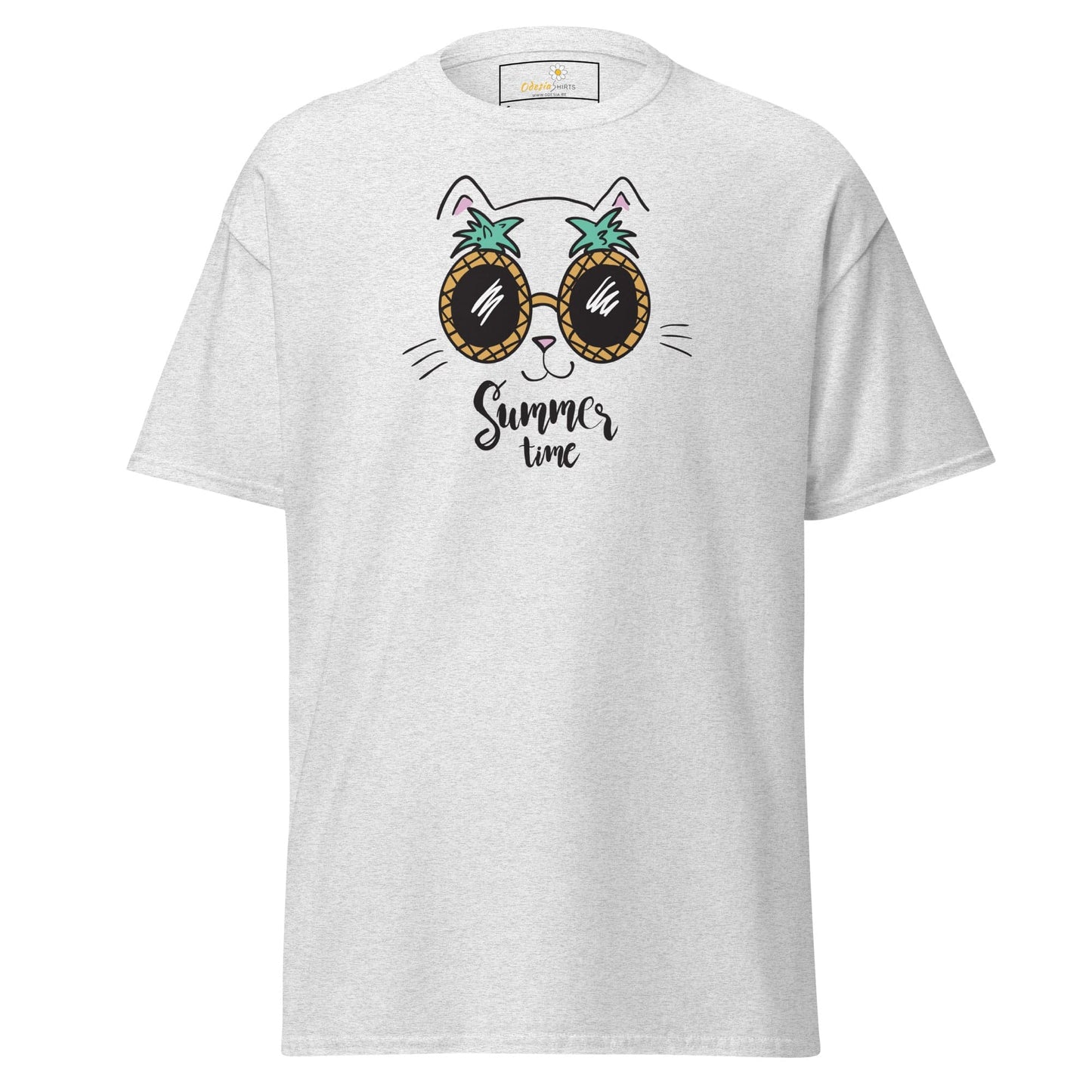 White T-shirt featuring a cat wearing pineapple sunglasses for men and women in S to XL sizes