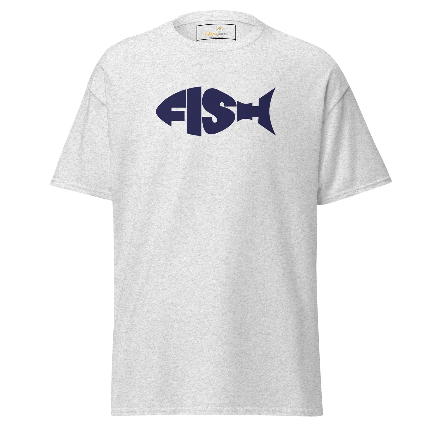 White T-shirt with FISH-shaped text design for men and women, available in S to XL sizes