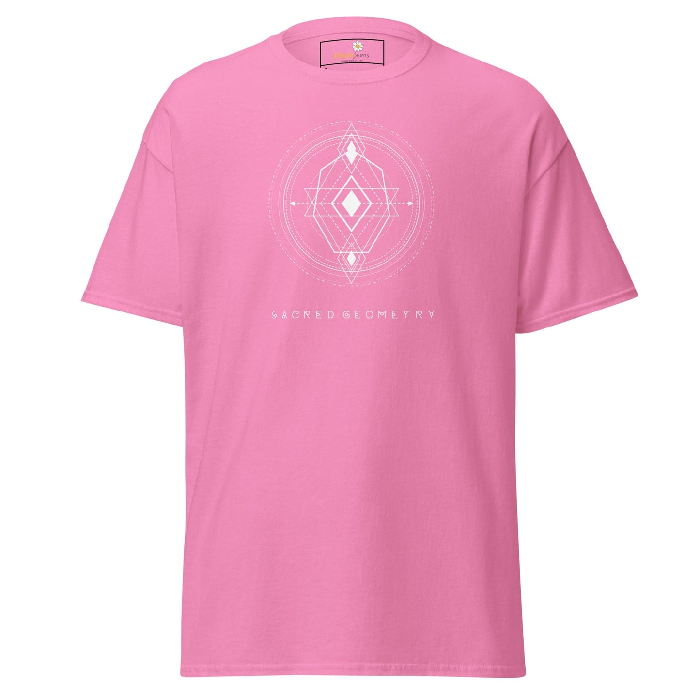 Pink T-shirt with geometric design for men and women, available in sizes S to XL