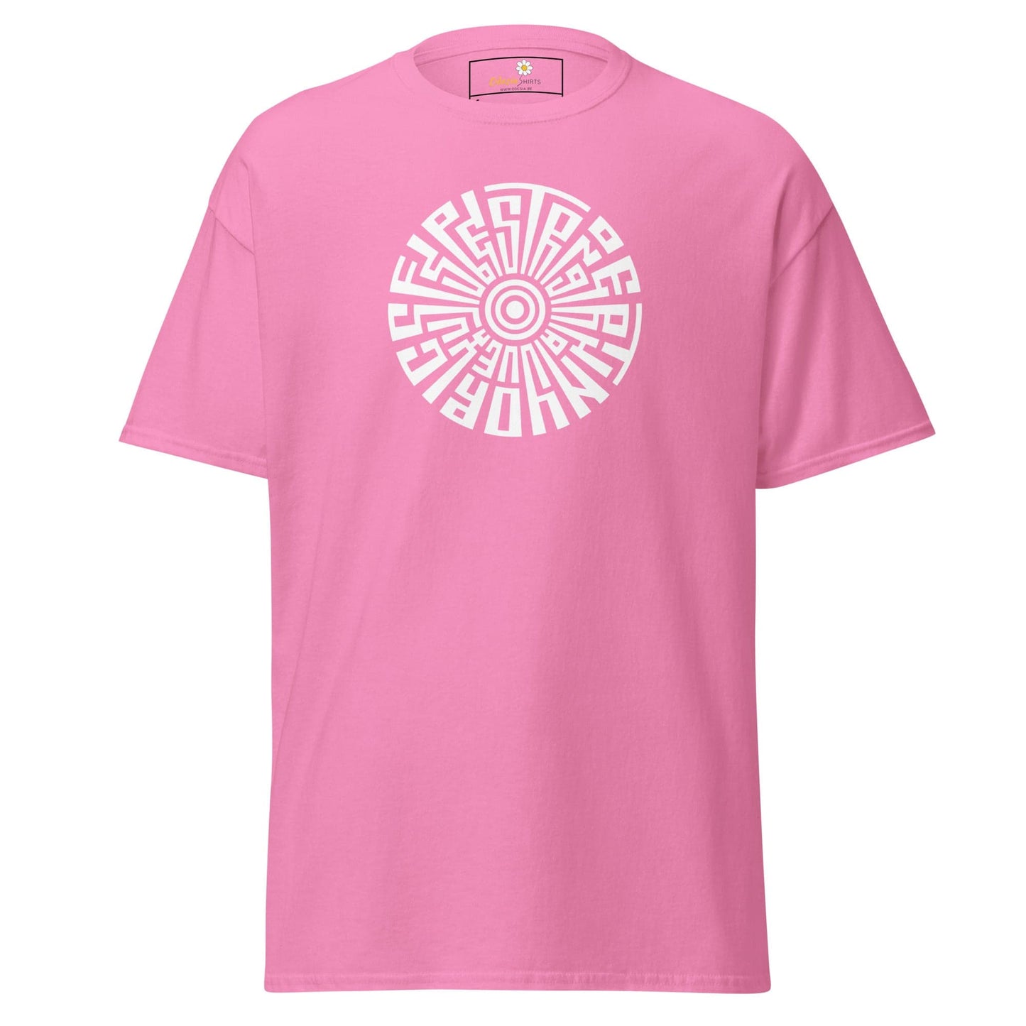 Pink T-shirt with circular white design, suitable for men and women, available in S to XL size