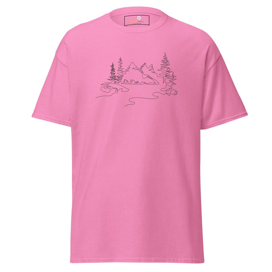 Pink T-shirt with mountain design for Men and Women, available in sizes S to XL