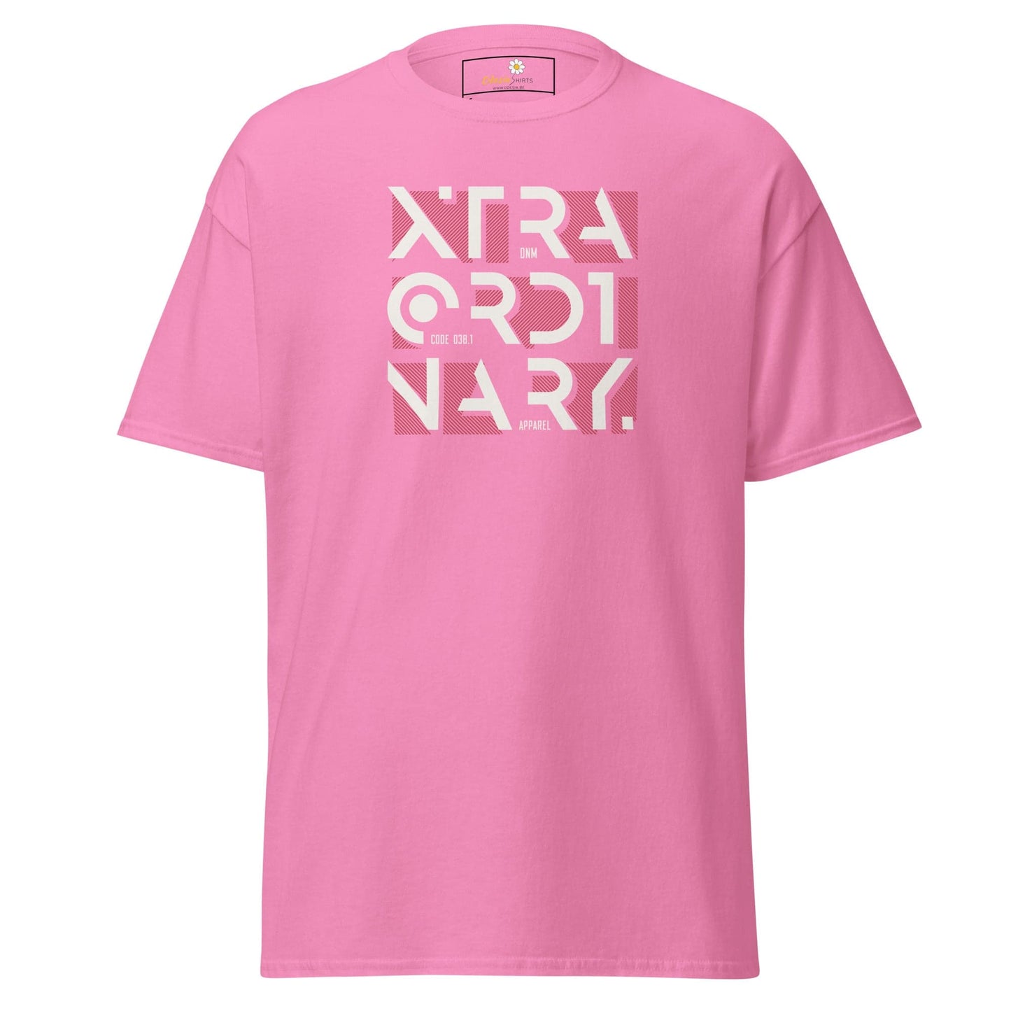 Pink T-shirt with graphic design for men and women available in sizes S to XL