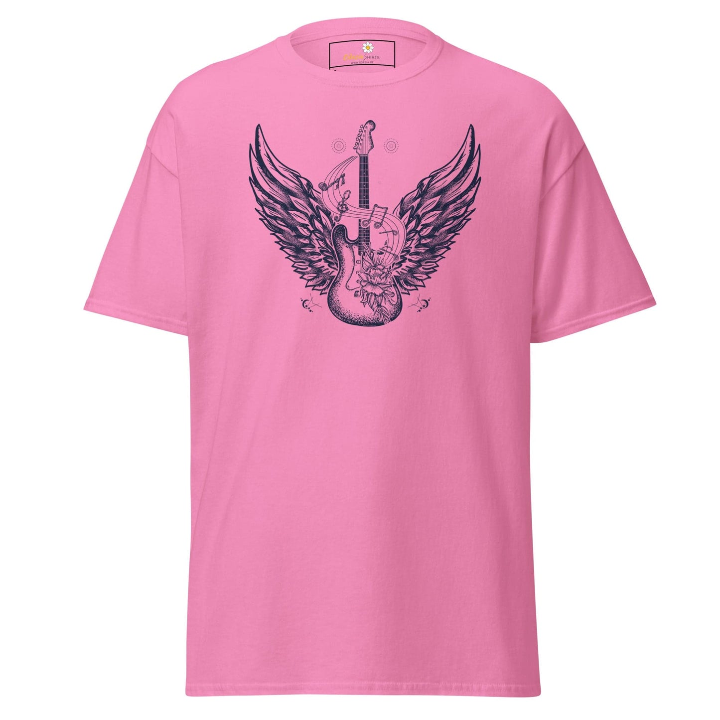 Pink T-shirt with guitar and wings graphic for men and women, available in S to XL