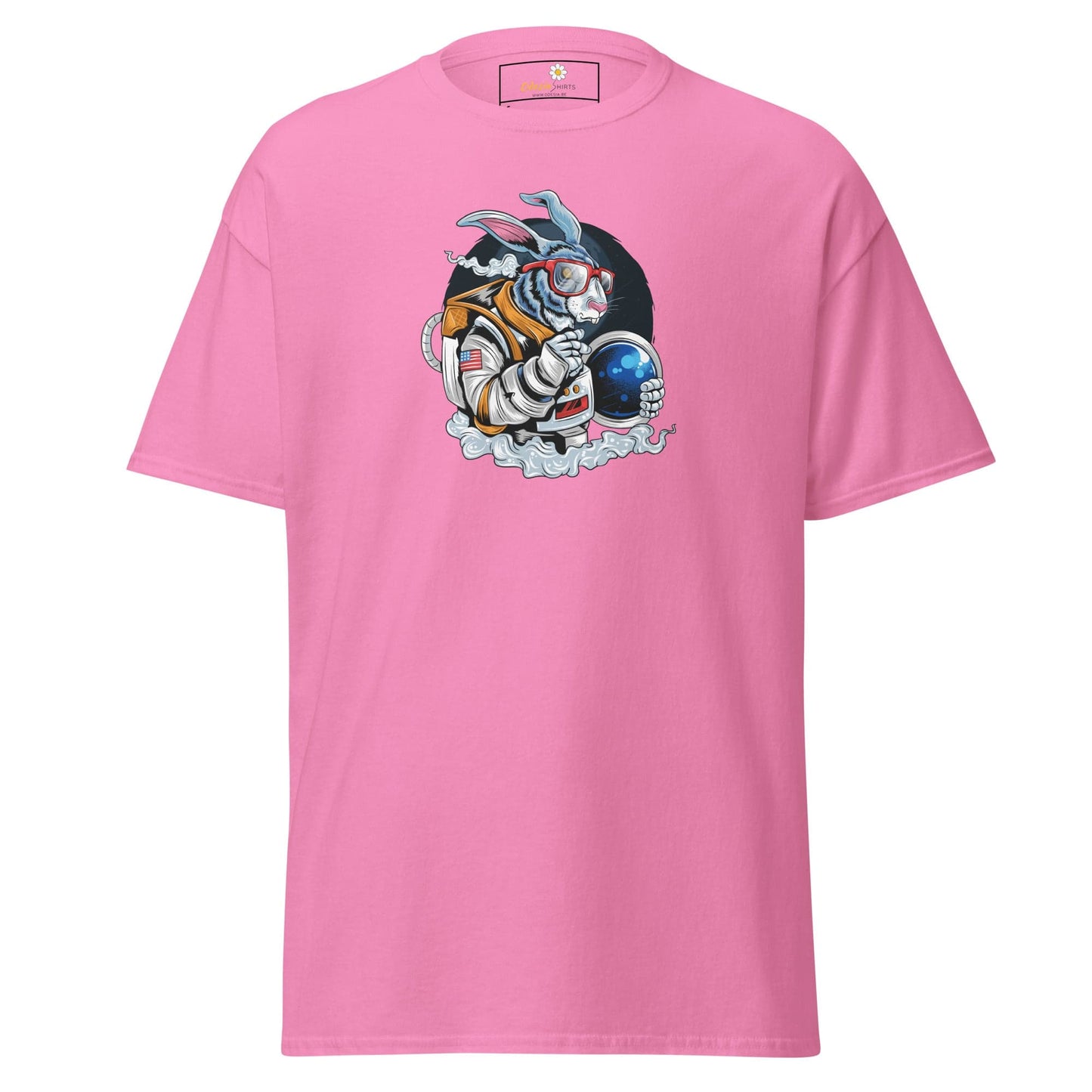 Pink T-shirt with astronaut rabbit graphic for men and women, available in sizes S to XL