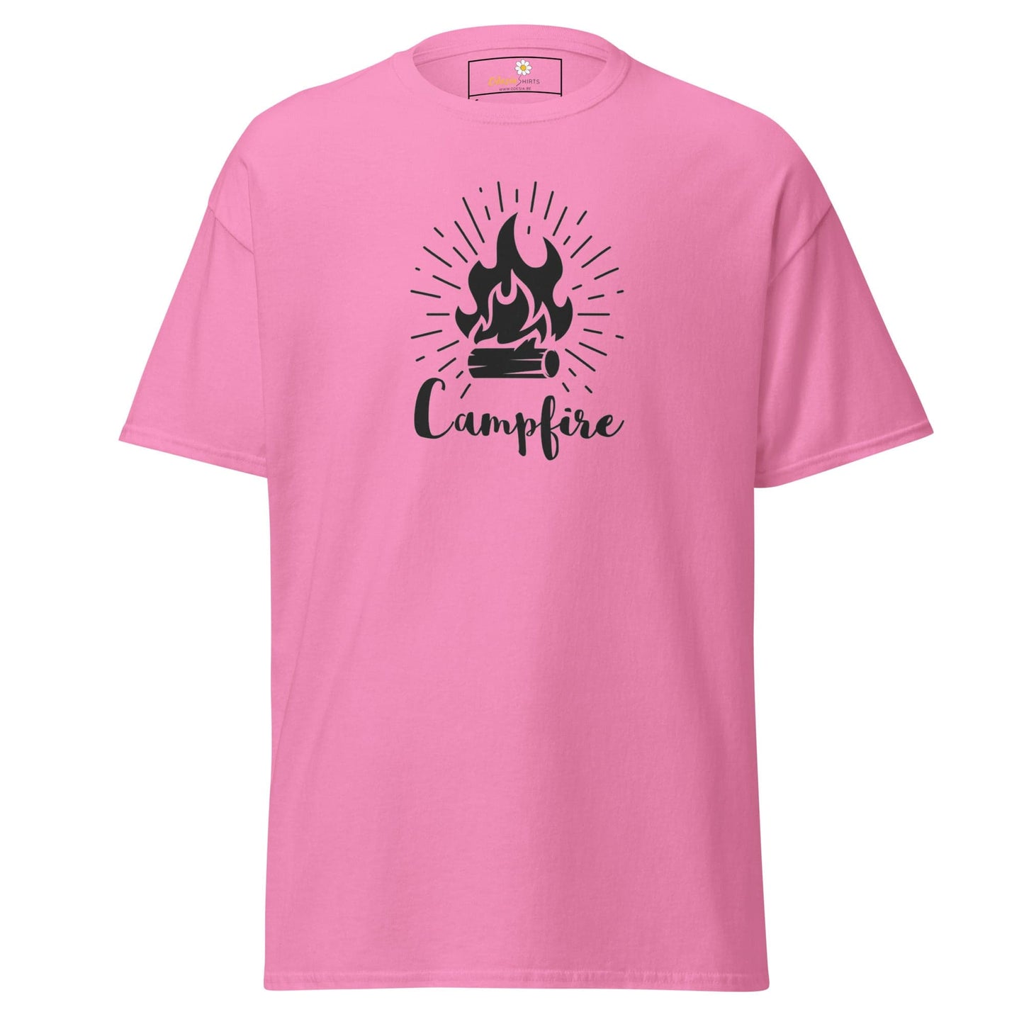 Pink T-shirt with campfire graphic for men and women, available in sizes S to XL