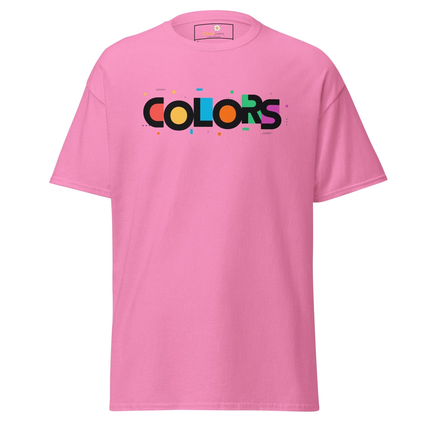 Pink T-shirt featuring a COLORS graphic, suitable for men and women, available in S to XL