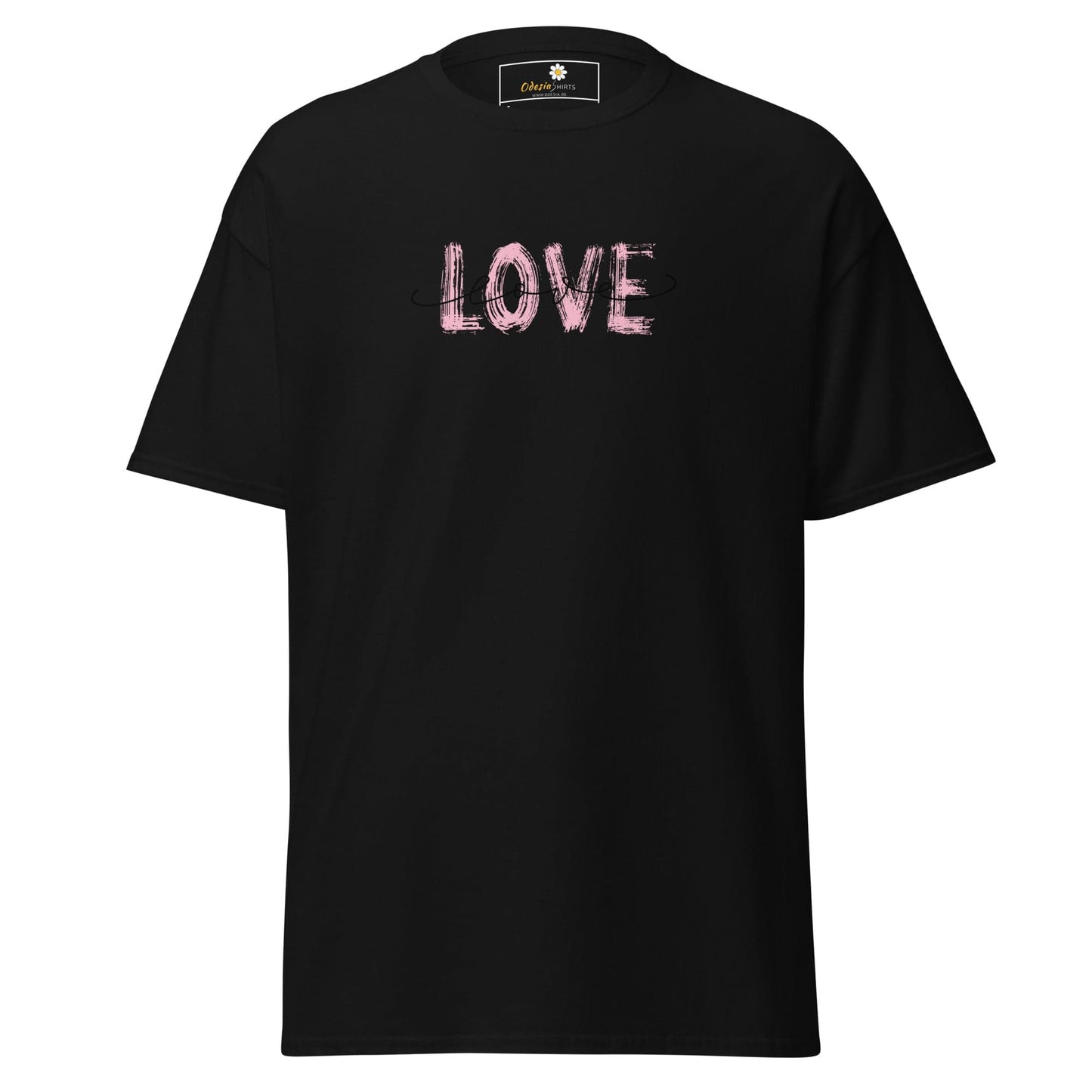 Black T-shirt for men and women with pink LOVE text, available in sizes S to XL