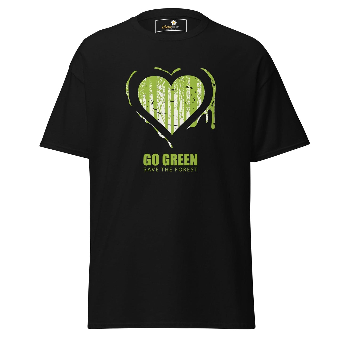 Black T-shirt with green heart and forest design for men and women in sizes S to XL