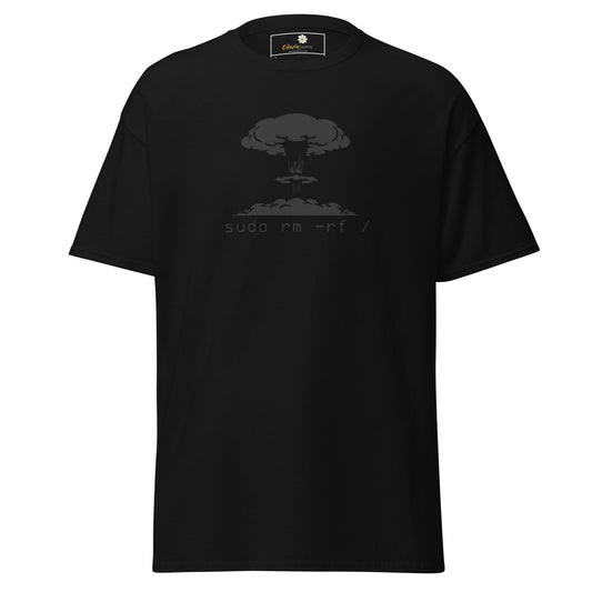 Black T-shirt with nuclear explosion graphic for men’s and women’s sizes S to XL