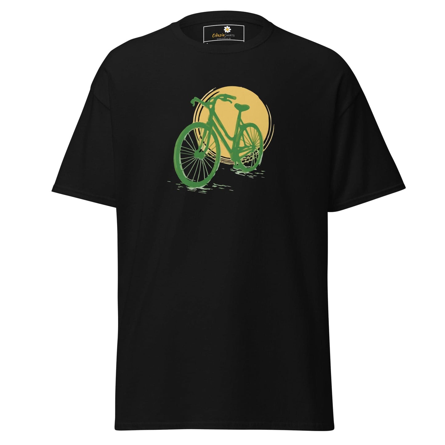 Black T-shirt with green bicycle graphic from T-SHIRT DESIGN TEE for men and women