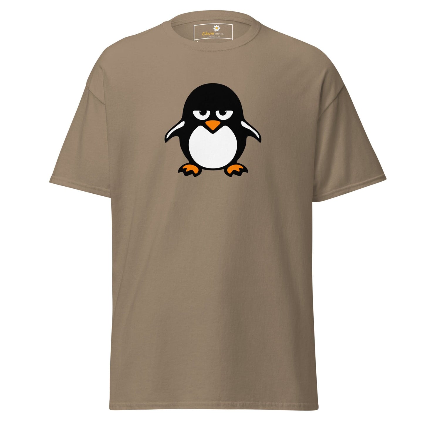 Khaki T-shirt featuring a cartoon Penguin design for men or women, available in sizes S to XL