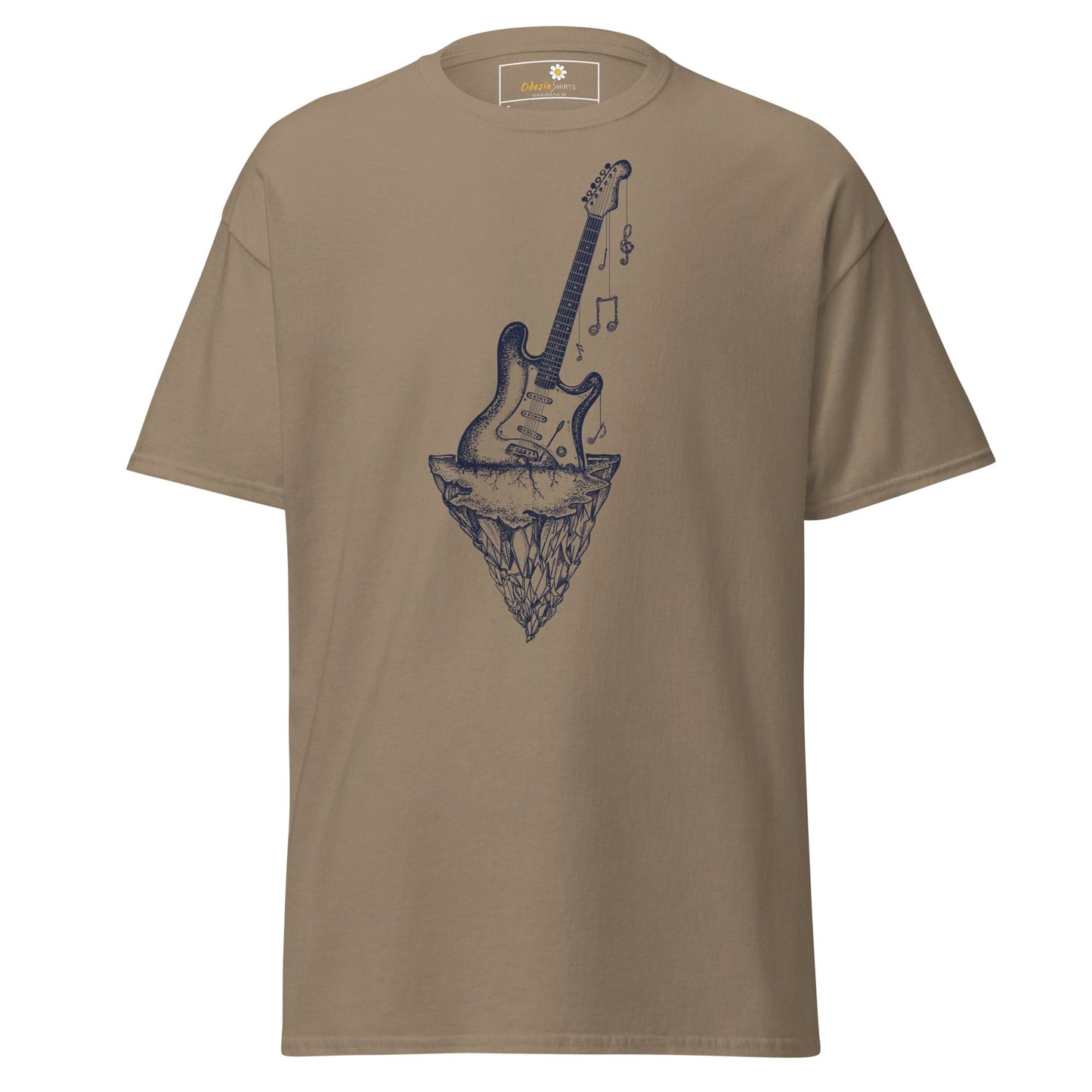 Khaki T-shirt with Guitar Graphic for Men and Women in Sizes S to XL