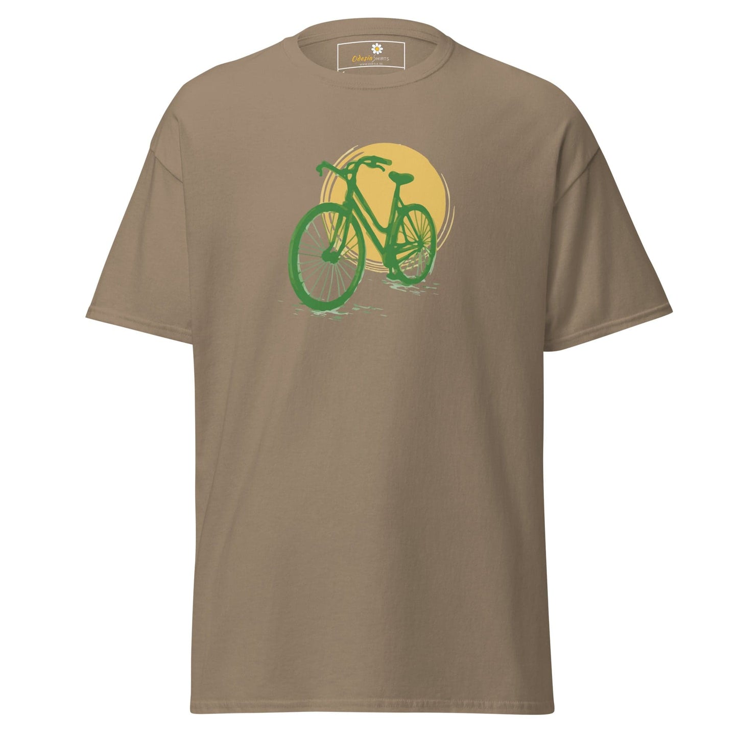 Khaki t-shirt featuring a green bicycle graphic for men and women in sizes S to XL