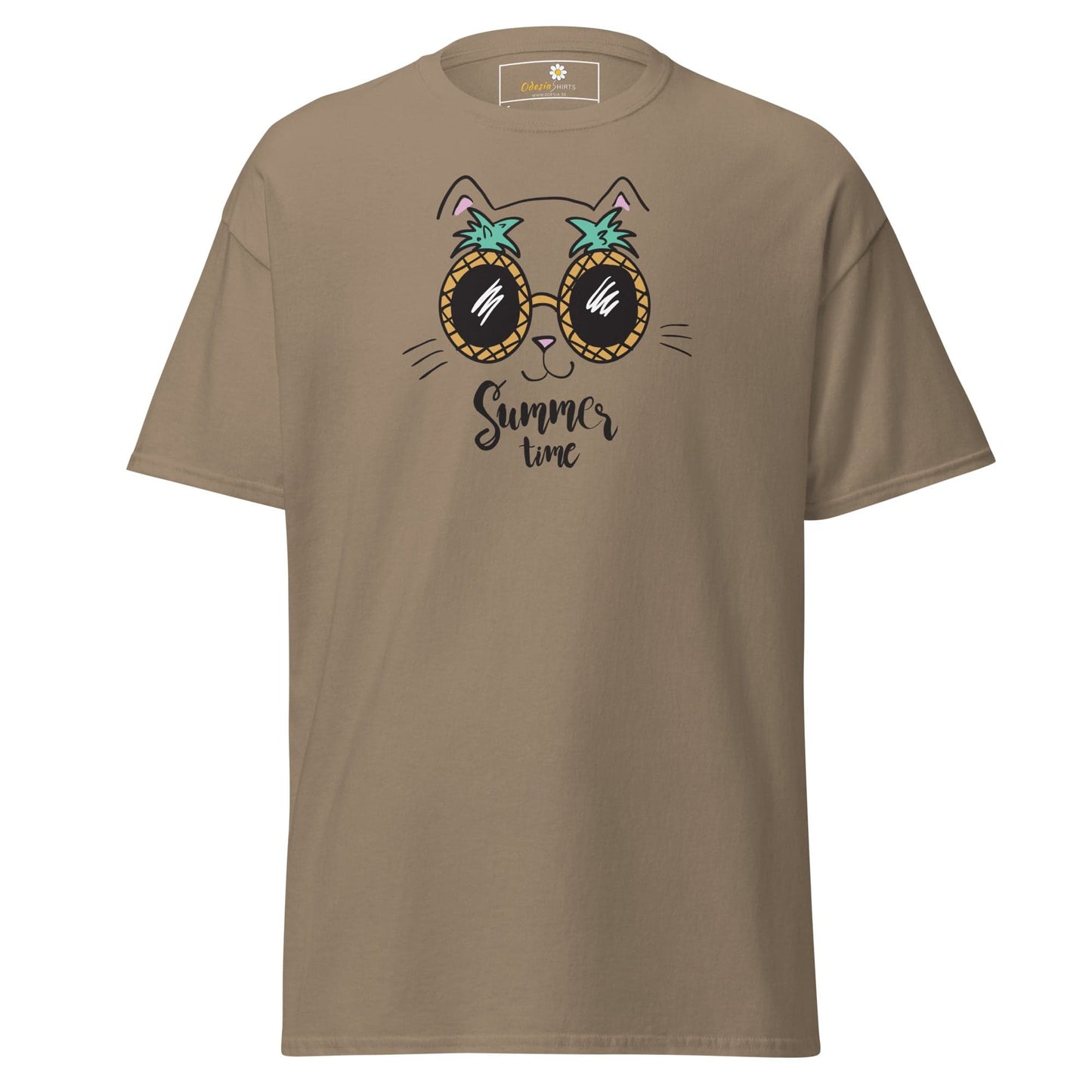 Khaki T-shirt featuring a cat wearing pineapple sunglasses, suitable for men and women