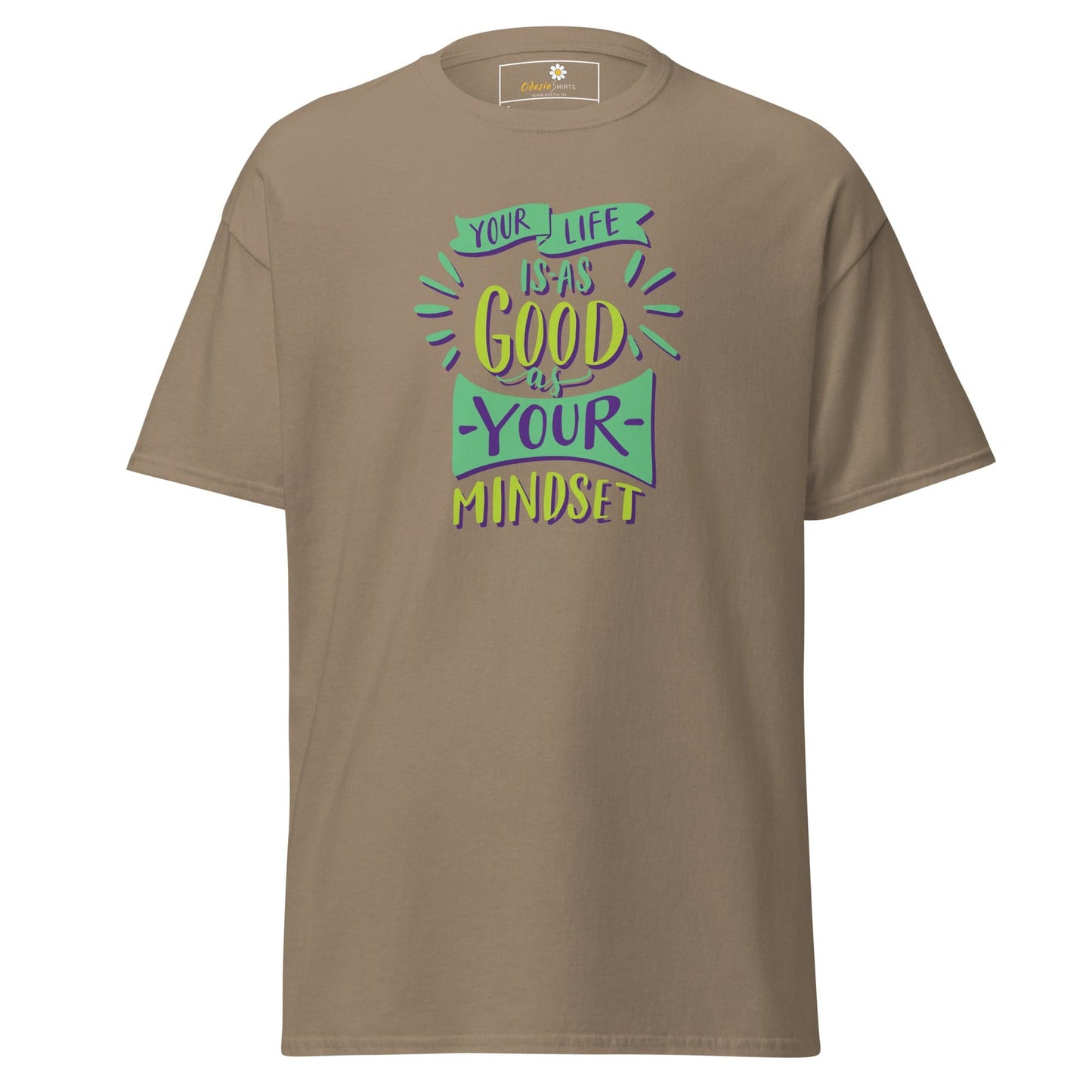 Khaki T-shirt with motivational graphic for men and women in sizes S to XL