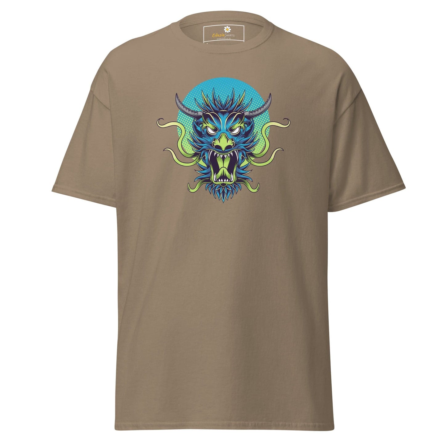 Khaki T-shirt with dragon graphic for men and women, available in sizes S to XL