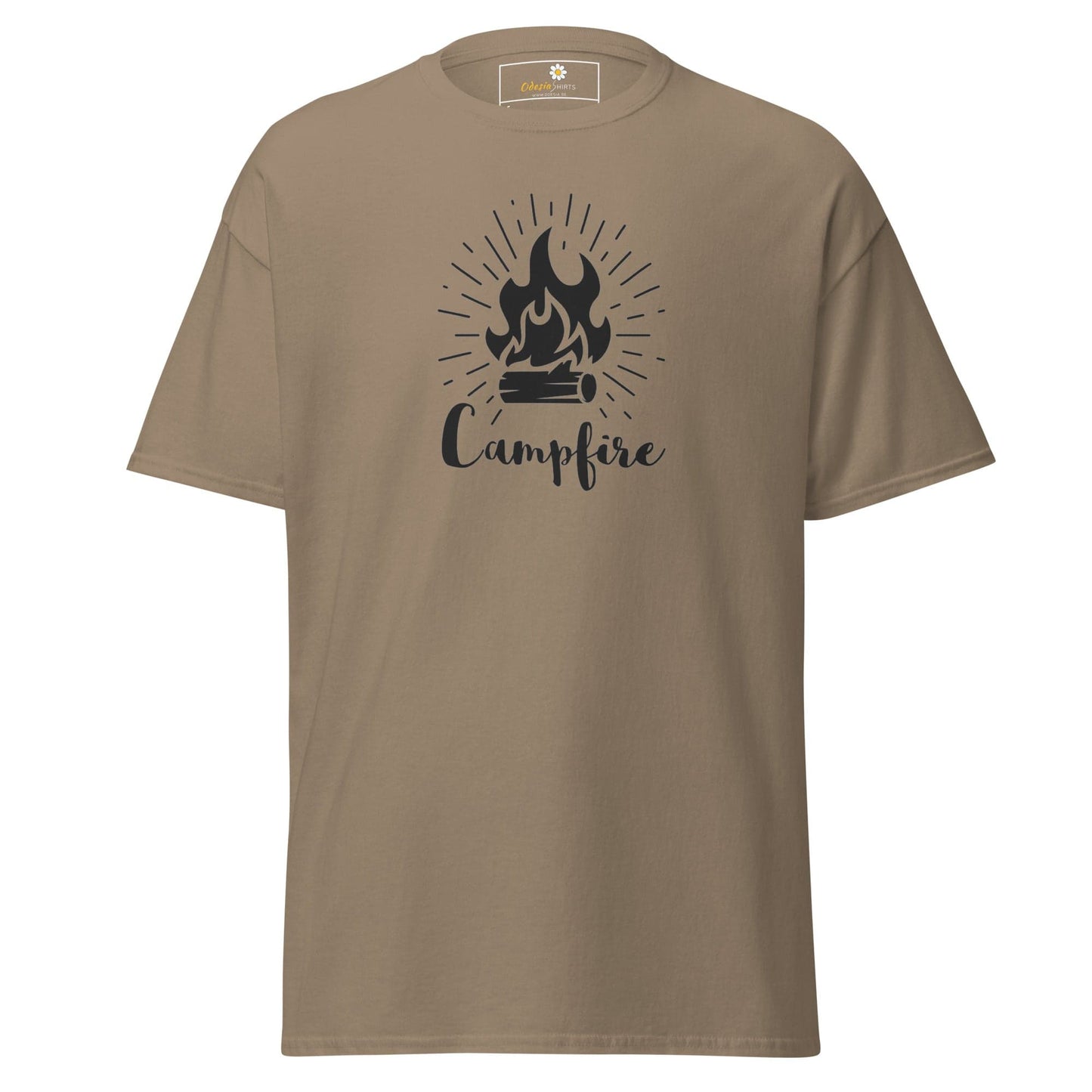 Khaki T-shirt with campfire graphic for men and women in size S to XL