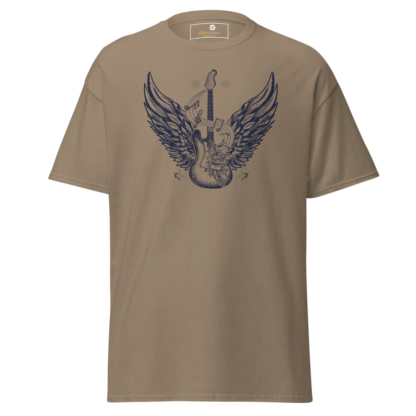 Khaki T-shirt with guitar and wings graphic, suitable for men and women sizes S to XL