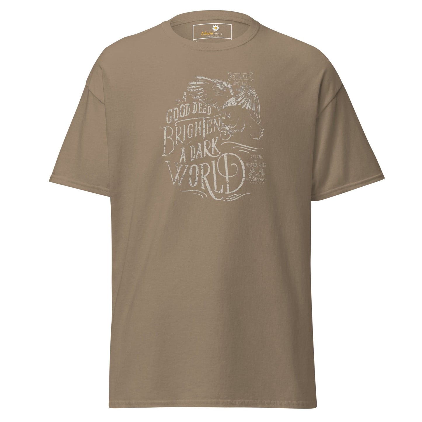 Khaki T-shirt with graphic design, suitable for men and women, available in sizes S to XL