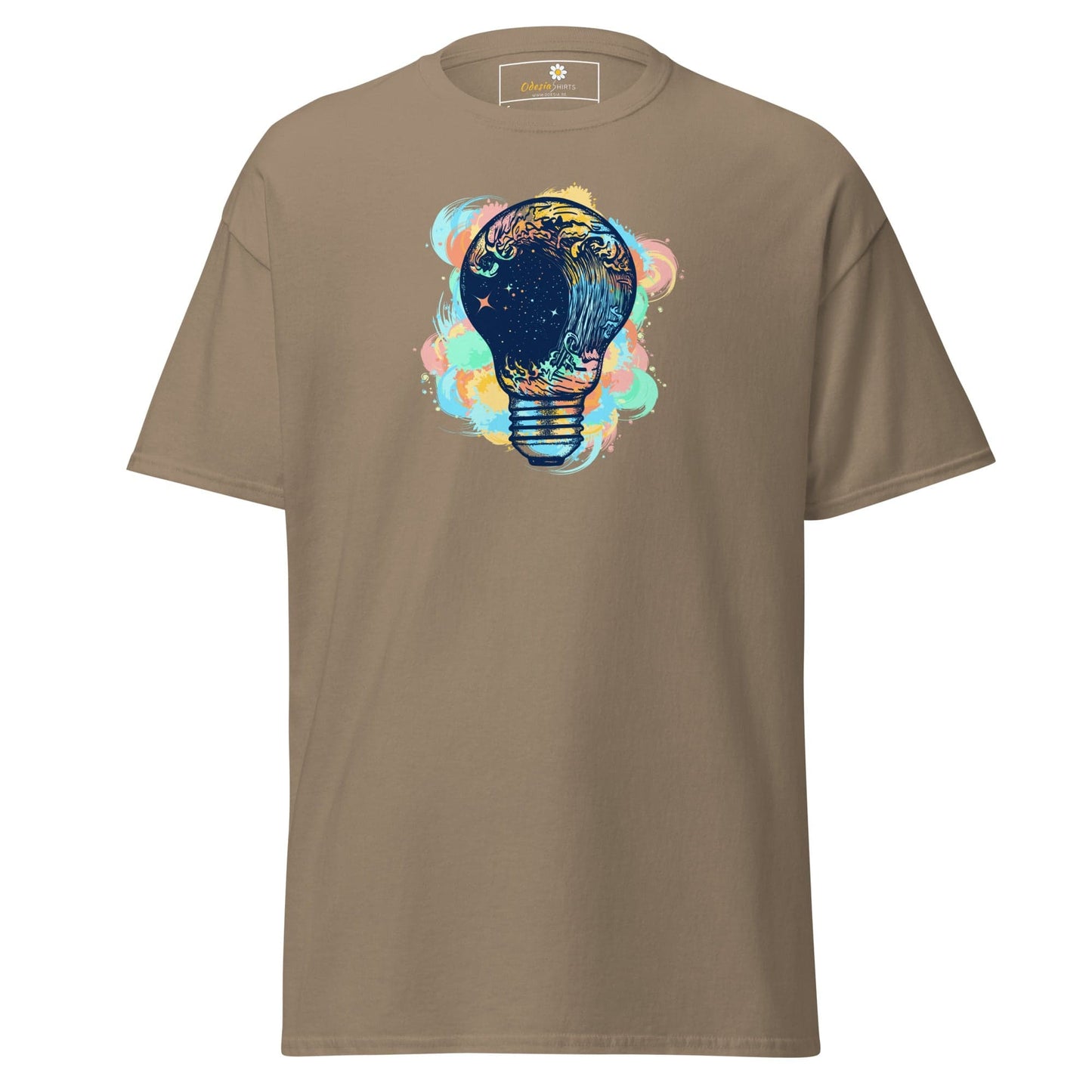 Khaki T-shirt with lightbulb graphic displayed in T-SHIRT DESIGN TEE for Men and Women