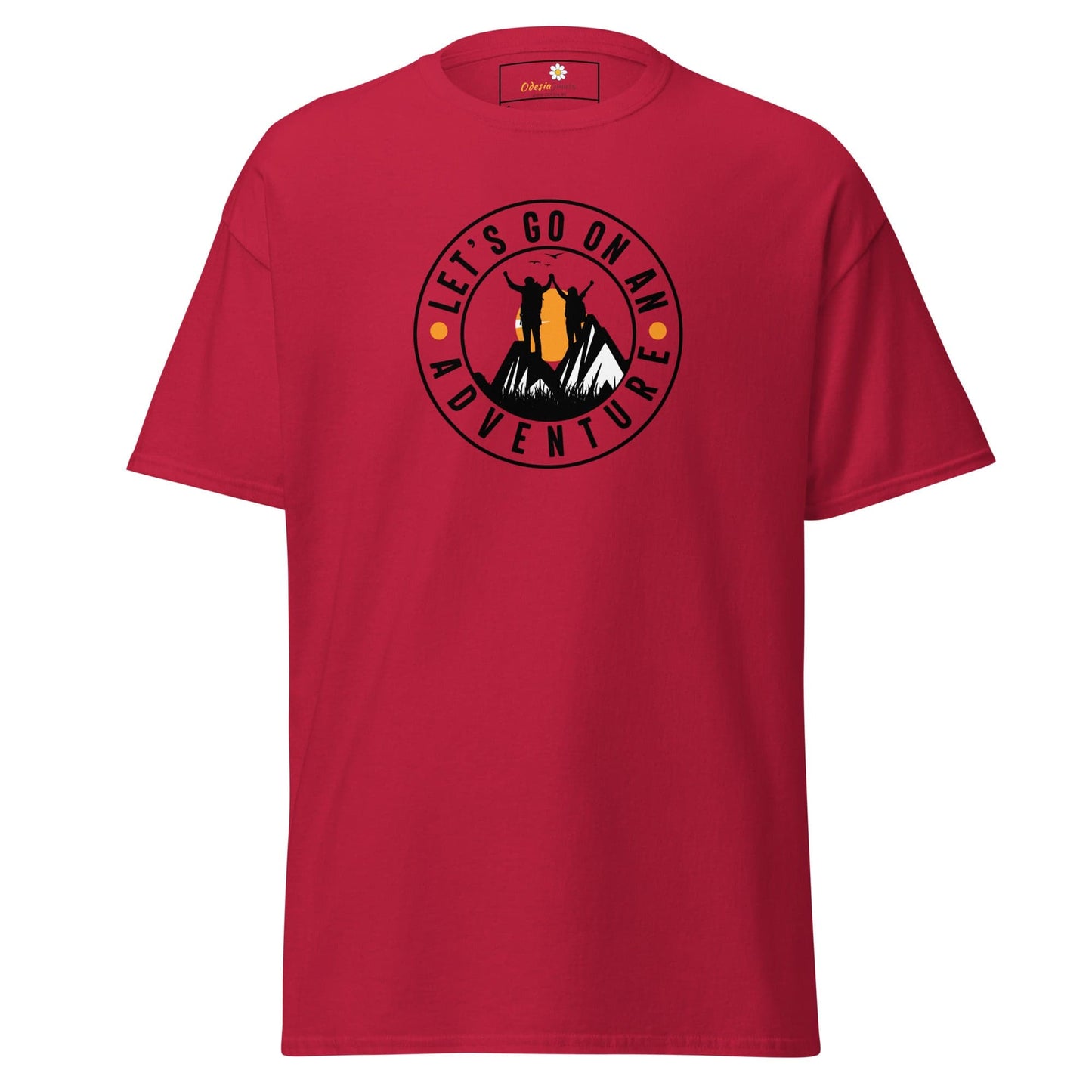 Red T-shirt with adventure graphic for Men and Women in sizes S to XL