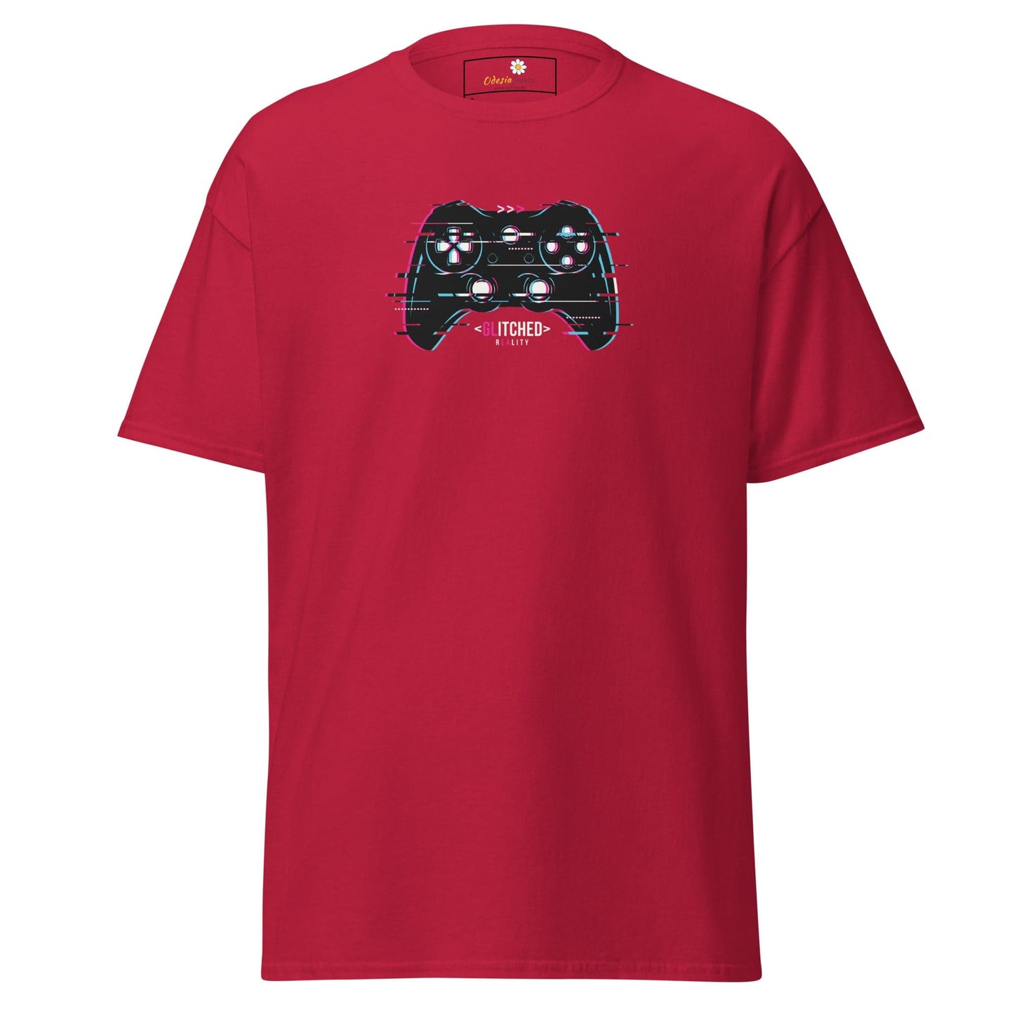 Red T-shirt featuring a controller graphic, available in Man and Woman sizes S to XL