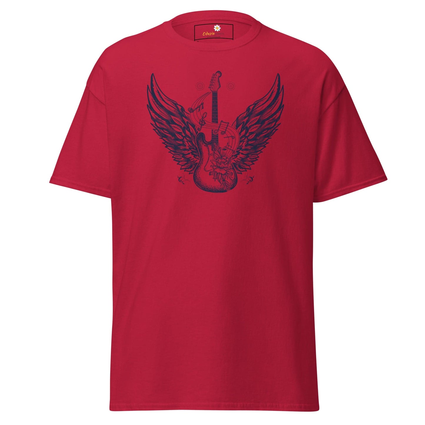 Red T-shirt with guitar and wings graphic, suitable for Men and Women, sizes S to XL