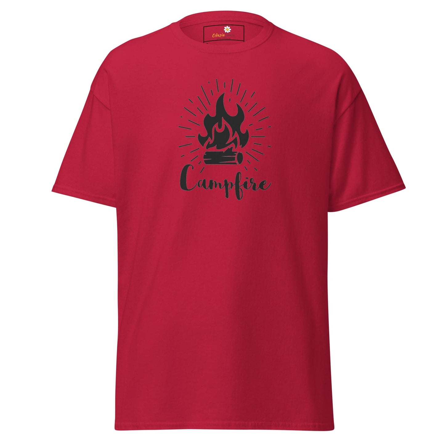 Red T-shirt with campfire graphic for men and women in sizes S to XL
