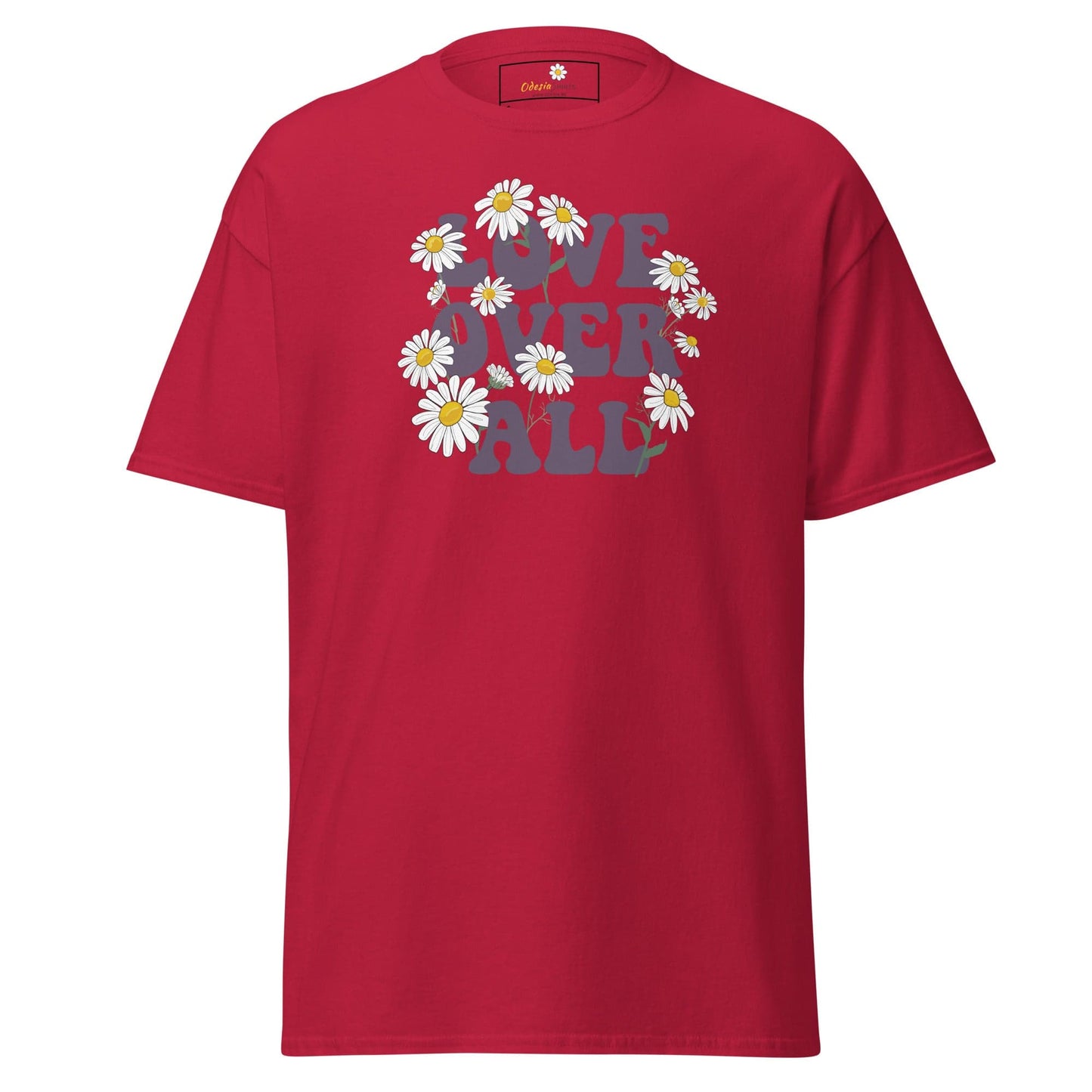 Red T-shirt with daisy graphic from T-SHIRT DESIGN TEE for men and women, size S to XL