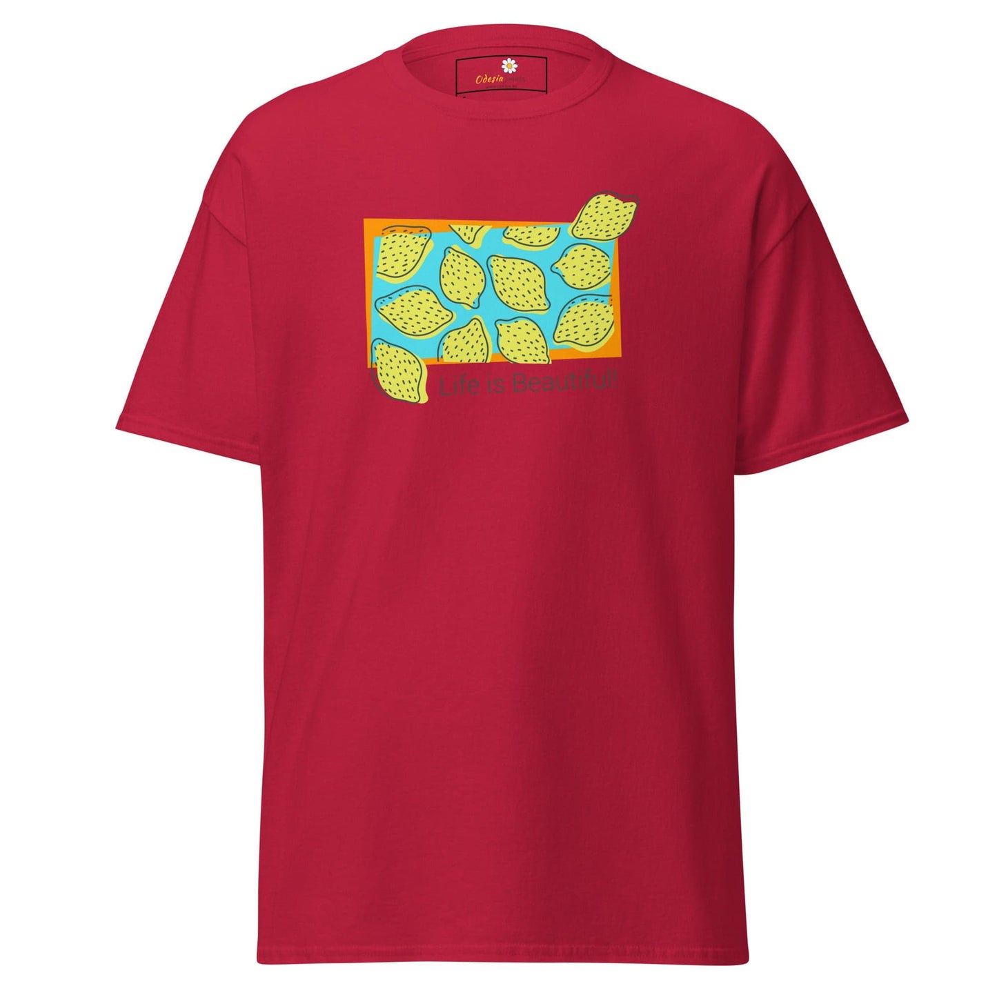 Red T-shirt with lemon graphic, suitable for men and women in sizes S to XL