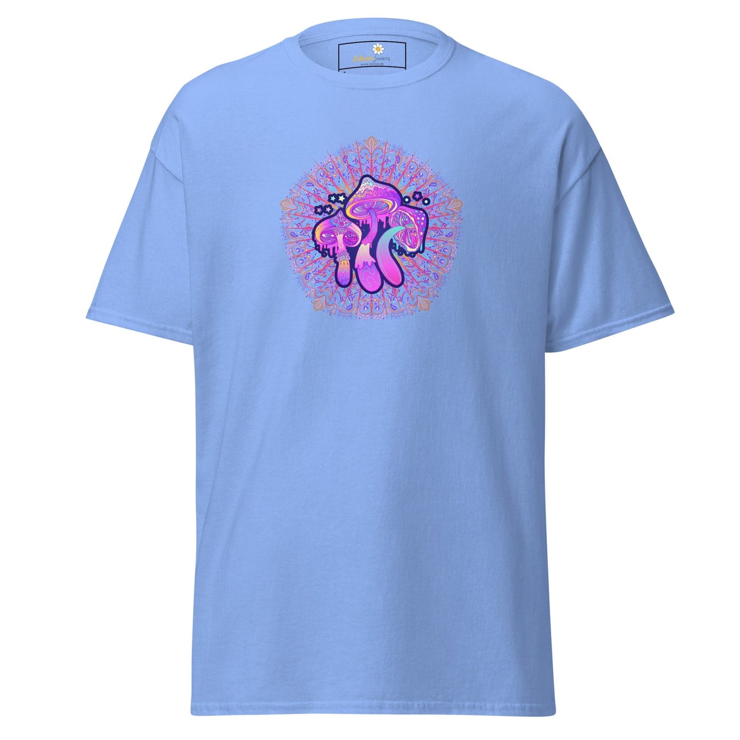 Light blue T-shirt with mushroom graphic, suitable for men and women, available in S to XL sizes