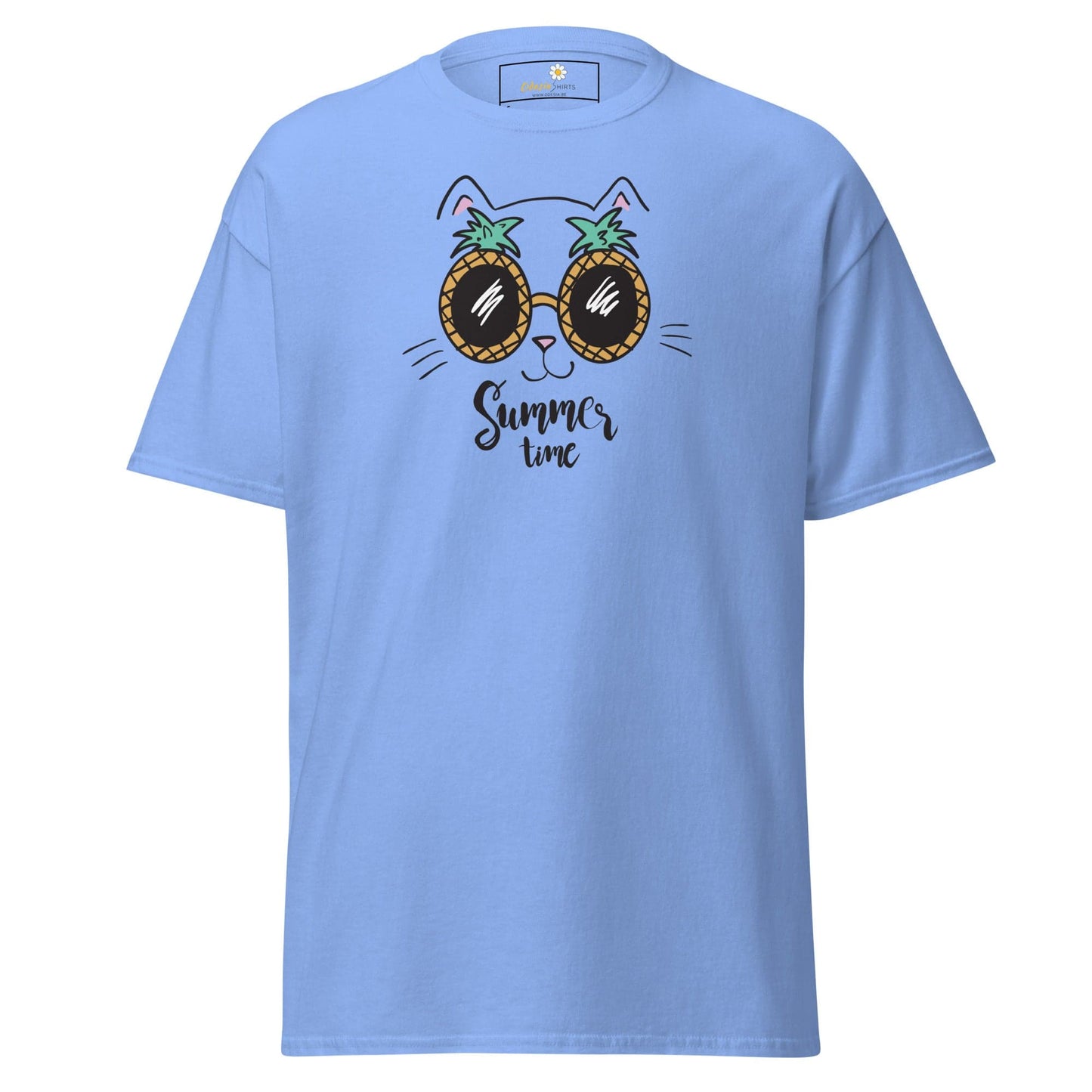 Light blue T-shirt featuring a cat wearing pineapple sunglasses design for men and women