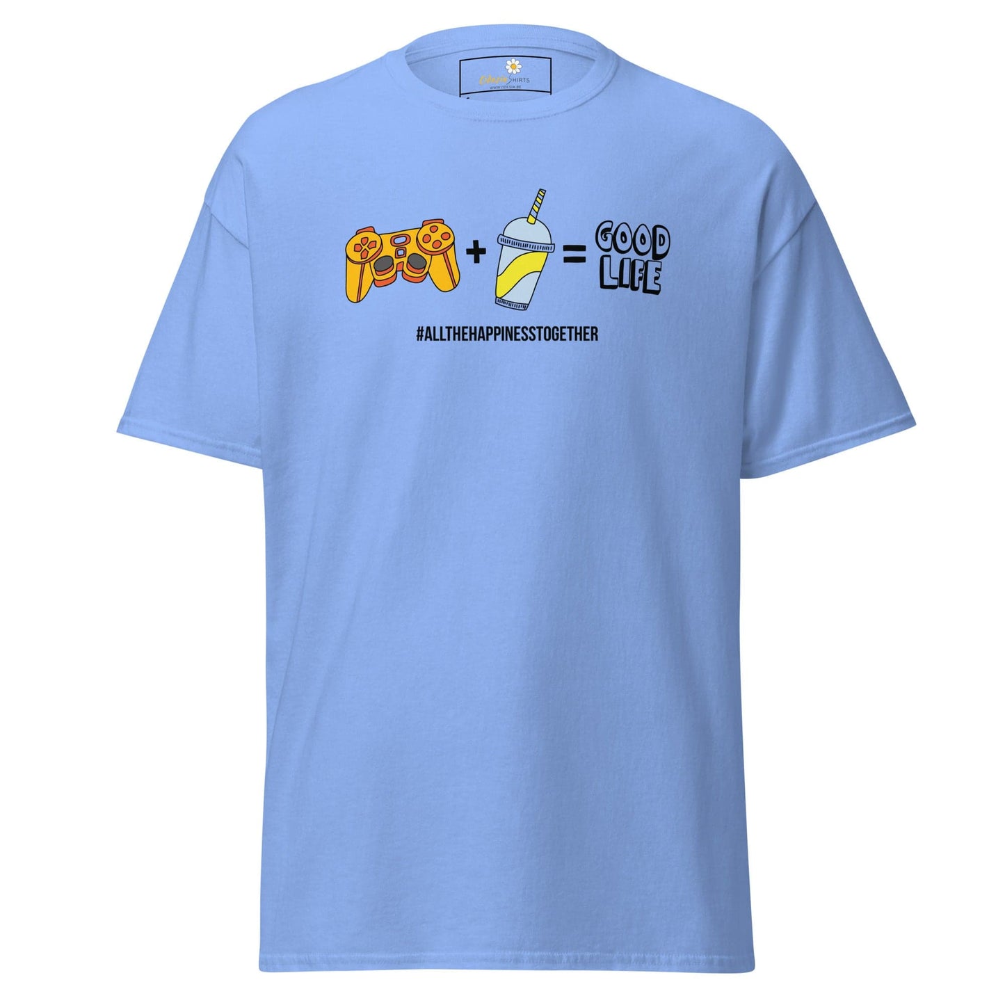 Light blue T-shirt with graphic design for men and women, available in sizes S to XL