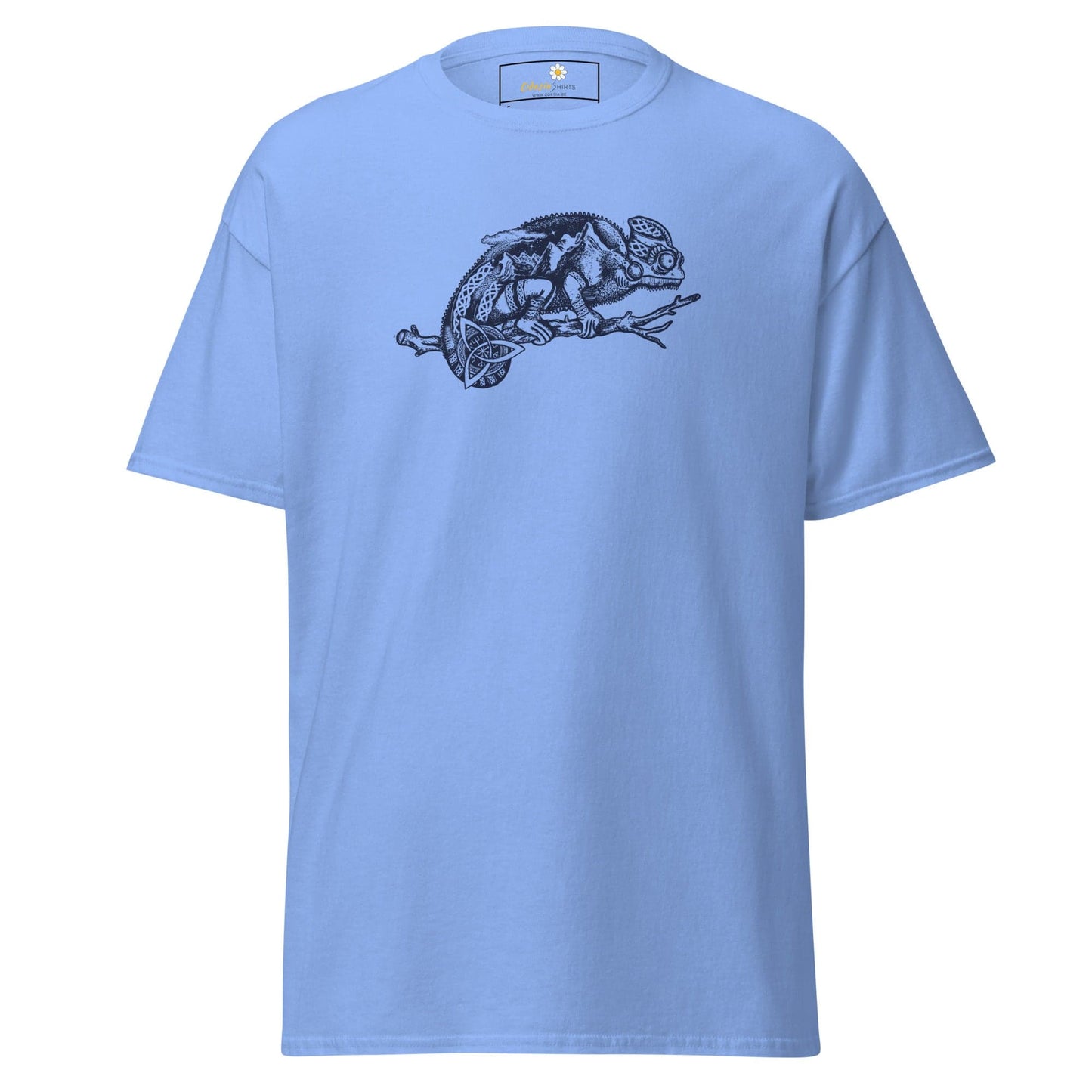 Light blue T-shirt with chameleon design for men and women, available in sizes S to XL