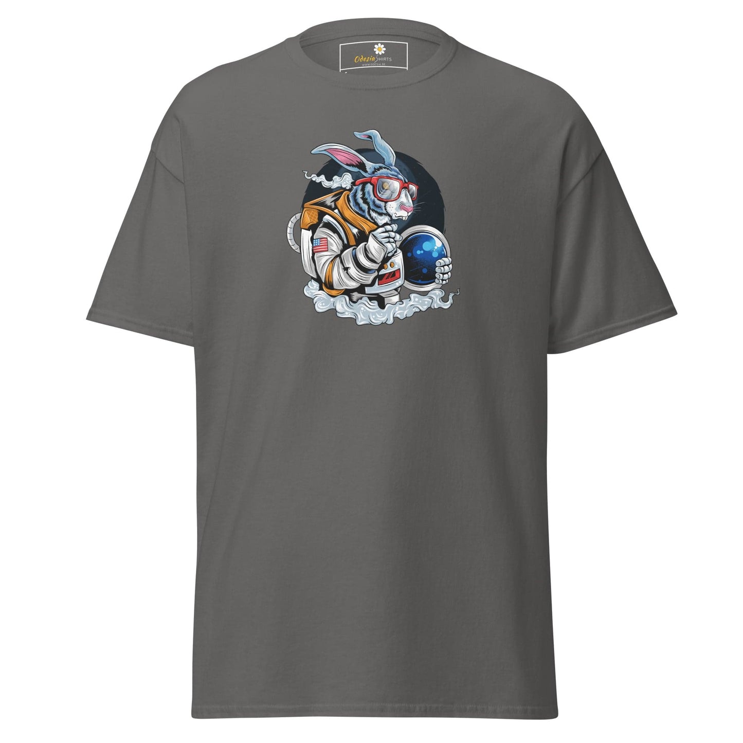 Gray T-shirt featuring an astronaut rabbit graphic for men and women, available in sizes S to XL