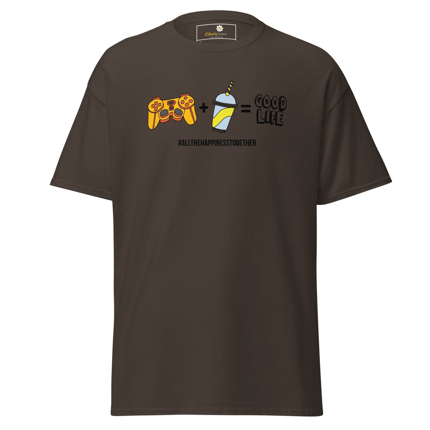 Brown T-Shirt with Gaming and Beverage Graphic, Unisex Design in Sizes S to XL