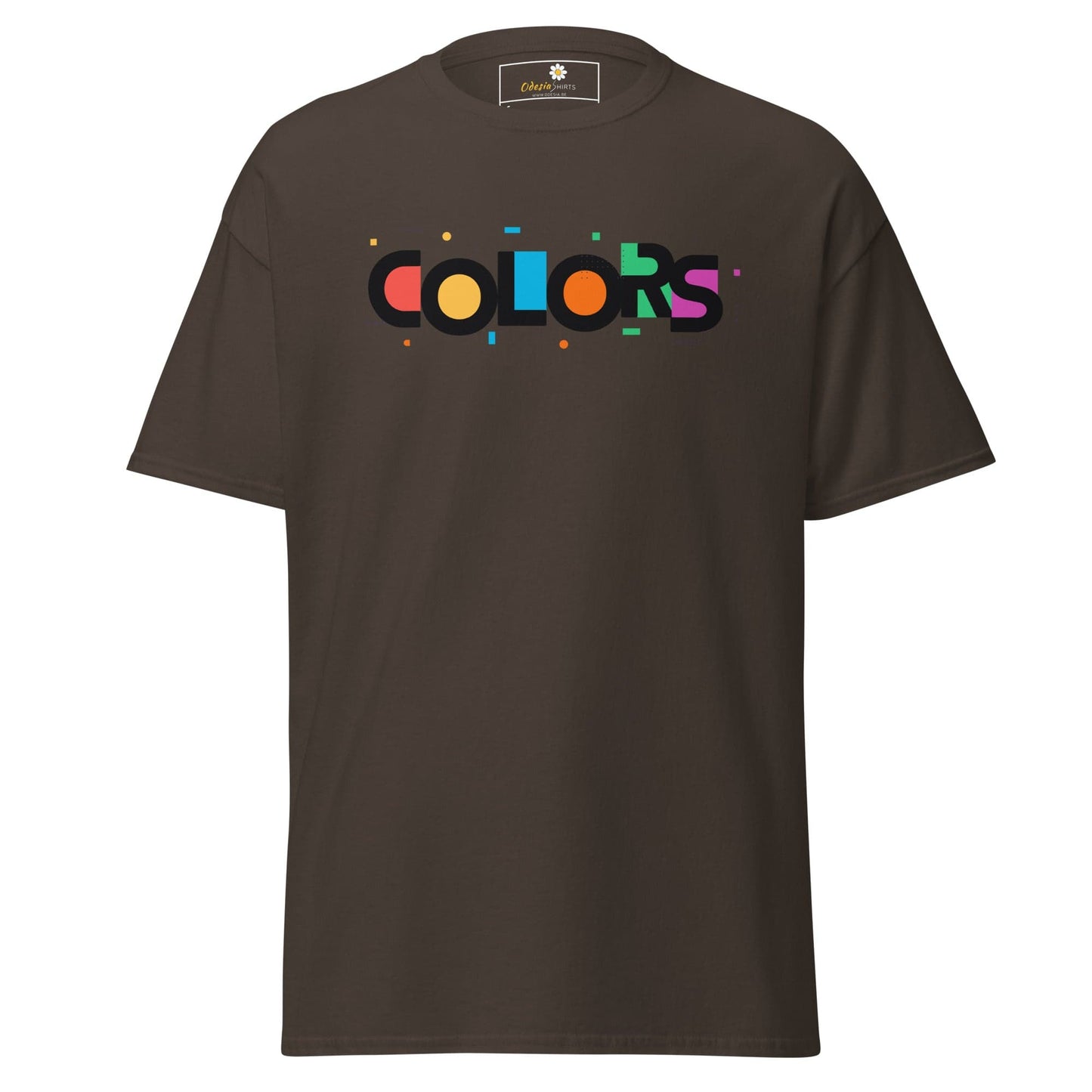 Brown T-shirt with COLORS graphic for Men and Women, available in S to XL sizes