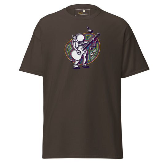 Brown T-shirt featuring an astronaut graphic, suitable for men and women in sizes S to XL