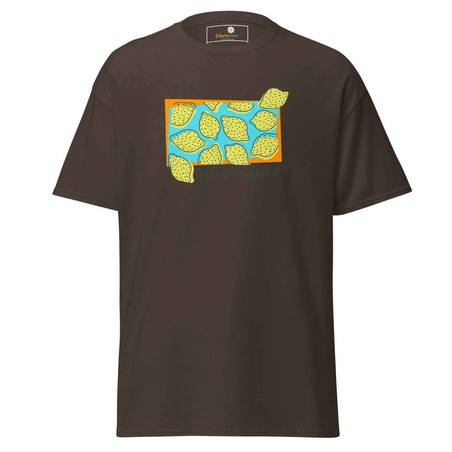 Brown T-shirt with lemon graphic from T-SHIRT DESIGN TEE for Men and Women sizes S to XL