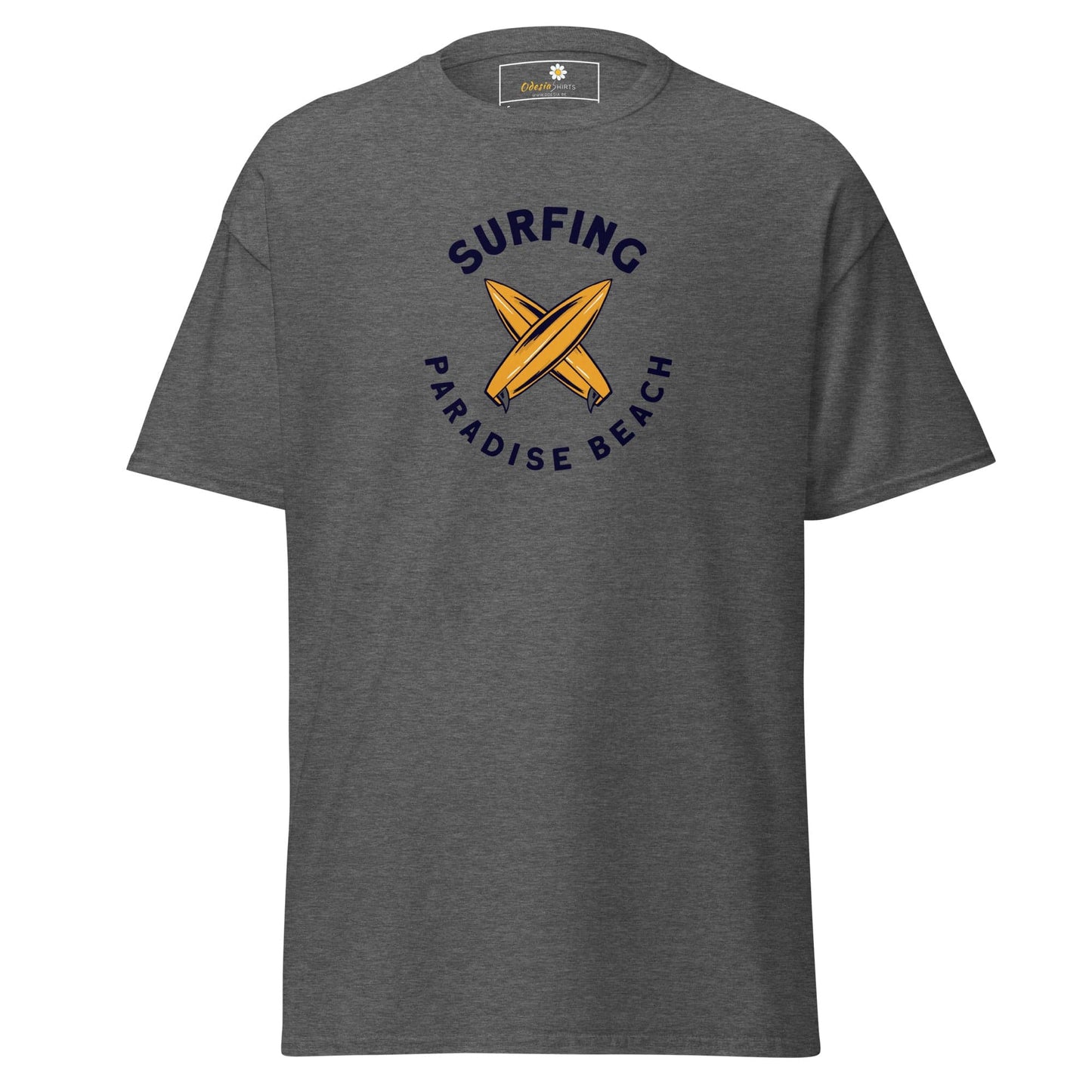 Gray T-shirt with surfing design suitable for men and women sizes S to XL