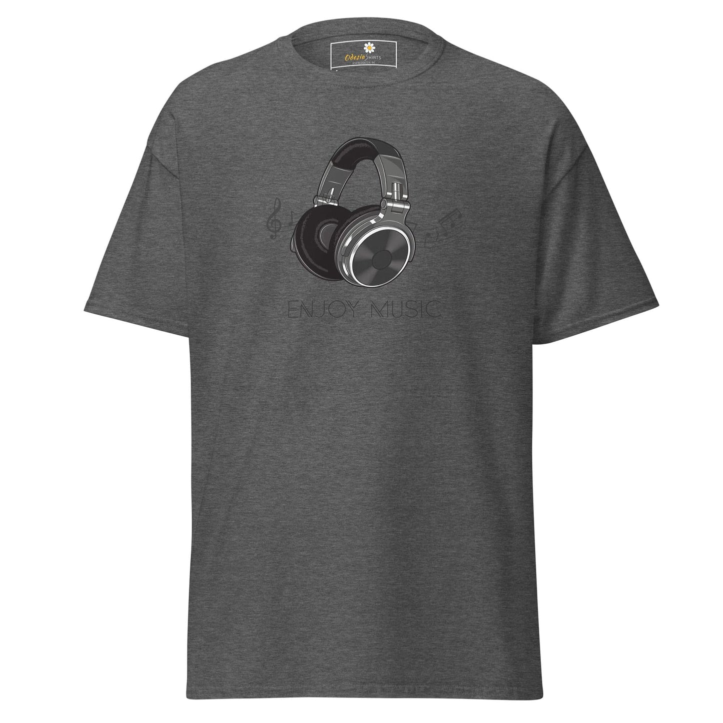 Gray T-shirt featuring a headphone graphic, suitable for men and women, available in S to XL sizes
