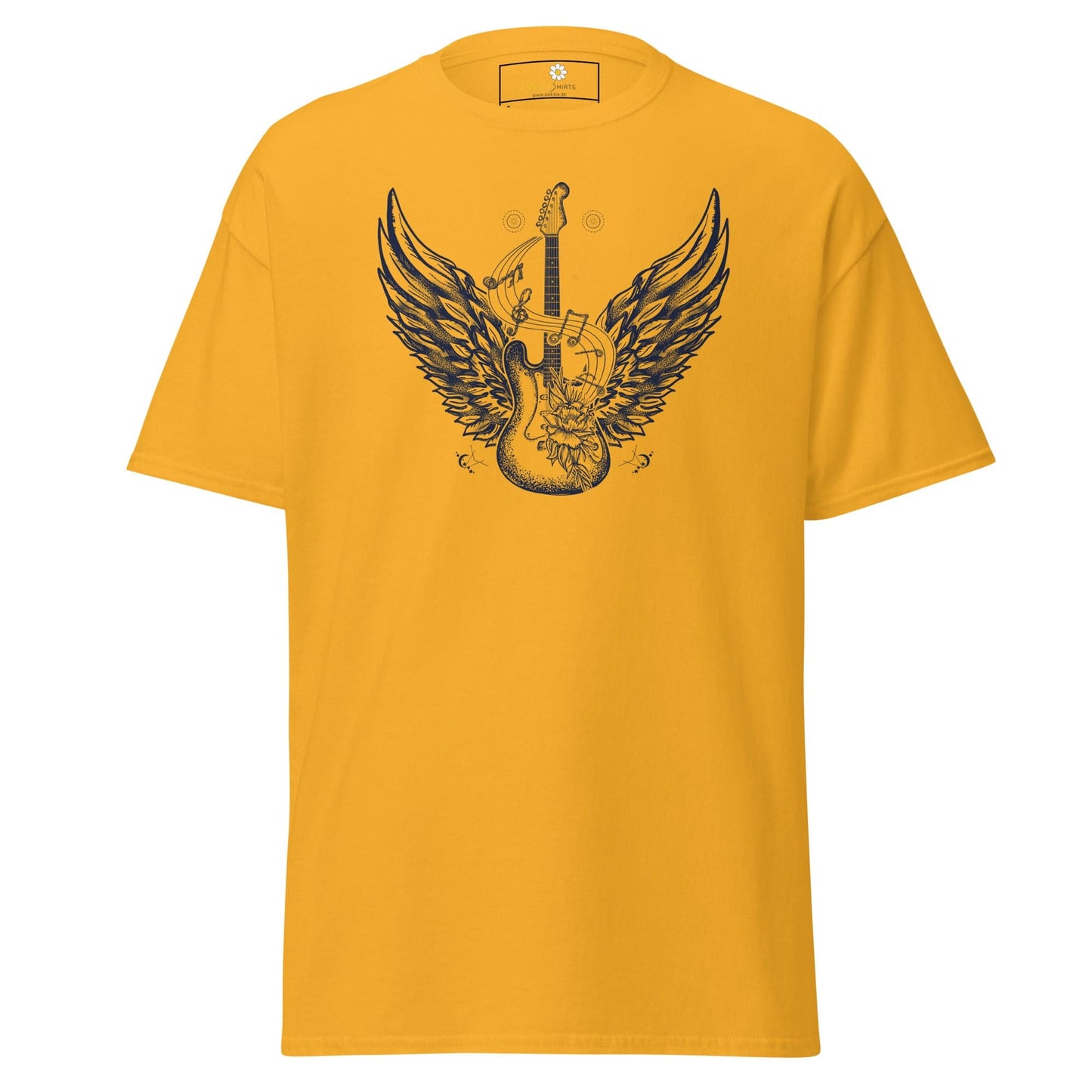 Yellow T-shirt with guitar and wings graphic for men and women in sizes S to XL