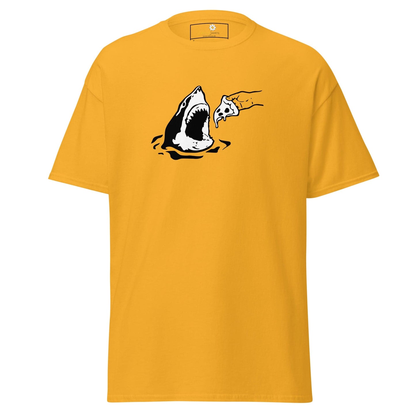 Yellow T-Shirt with Shark and Pizza Graphic for Men and Women, available in sizes S to XL