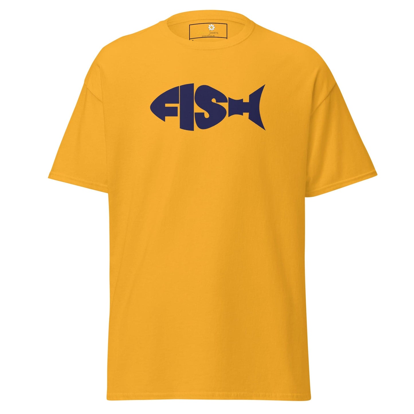 Yellow T-shirt with FISH text forming a fish shape, suitable for men and women